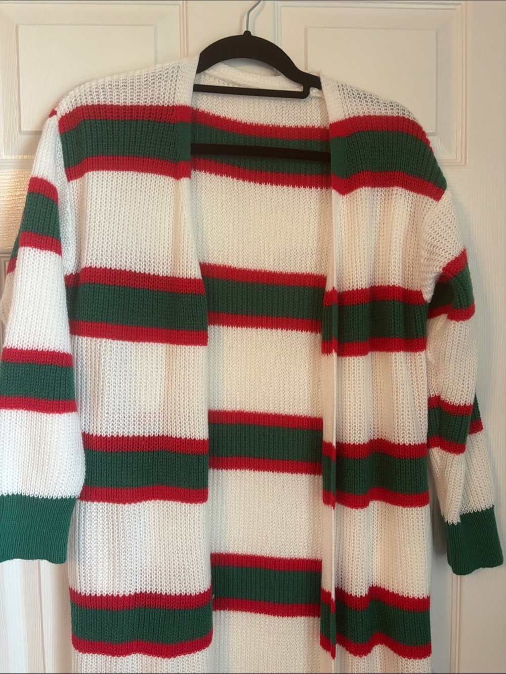 Open-Front Striped Knit Cardigan Sweater - White, Green & Red